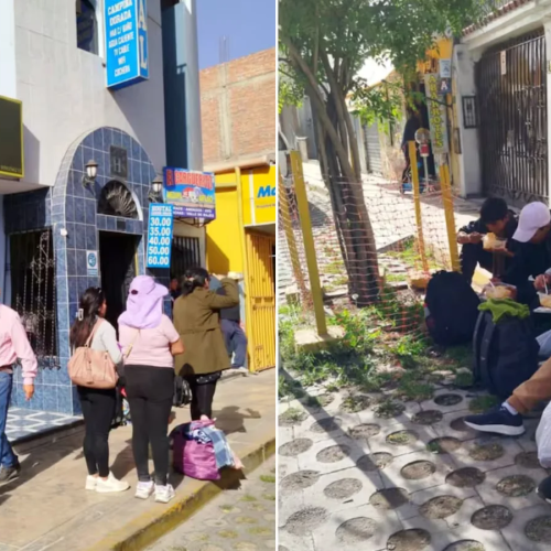 Estudiantes comen en la calle